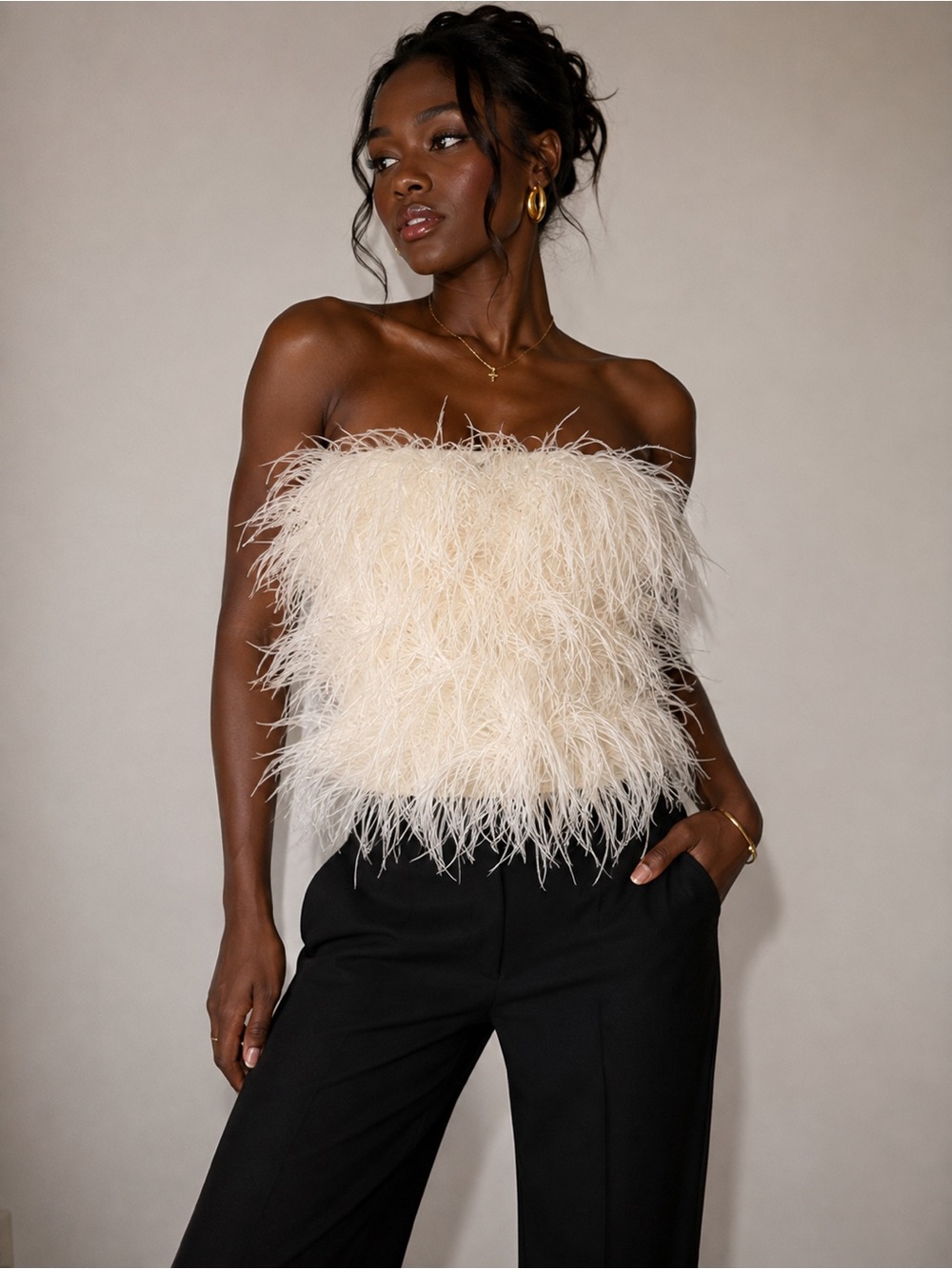 RARE GUESS Los Angeles Ostrich Feather Corset Bustier Top | Ivory White | M